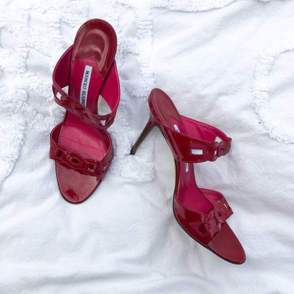 Manolo Blahnik Patent Red Stiletto Mule Heels - Picture 1 of 6